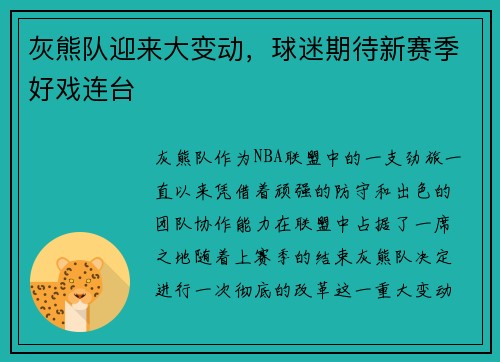 灰熊队迎来大变动，球迷期待新赛季好戏连台